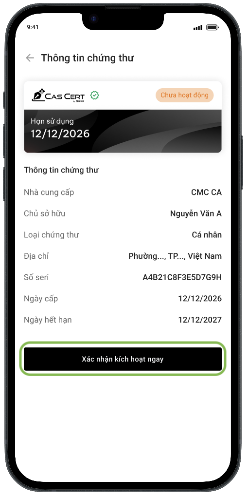 Xác nhận kích hoạt chứng thư số 1